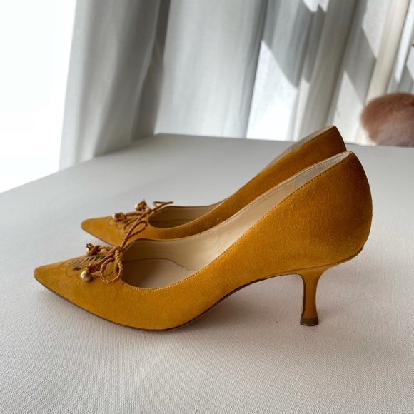 Jimmy Choo Mustard Yellow Suede Heels - Picture 2 of 7